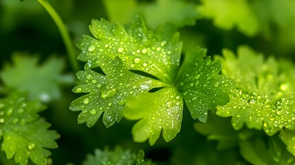 A closeup photograph showcasing the delicate and vibrant green leaves of fresh chervil with water droplets glistening on the surface  This aromatic herb is a popular culinary ingredient and garnish