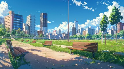 Obraz premium Park bench overlooking cityscape.