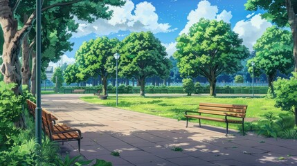 Tranquil park pathway with bench under blue sky and lush greenery.