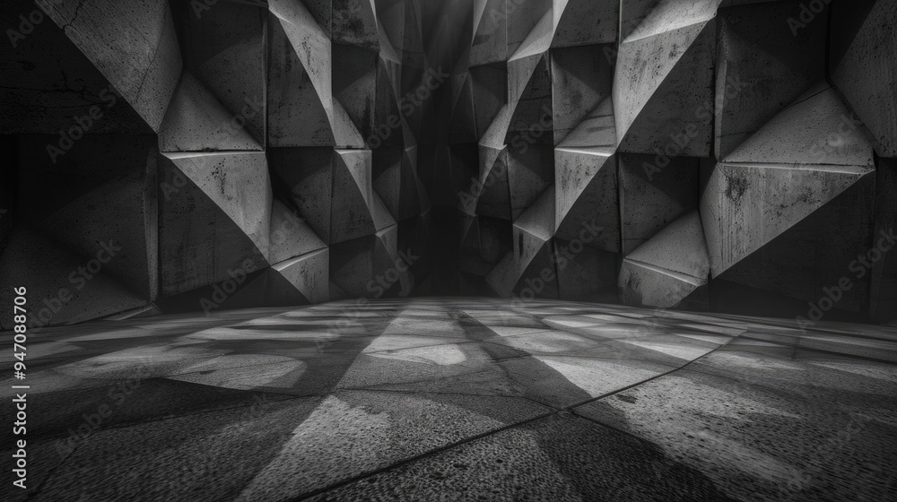 Poster a close-up view of a geometric patterned wall with black and white tiles