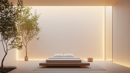 Minimalist bedroom with a low-profile bed, monochromatic decor, and a peaceful atmosphere, dawn light,