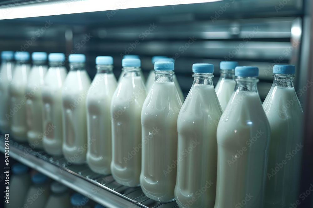 Poster A close-up view of a shelf with multiple bottles of milk stored in it, ready for use