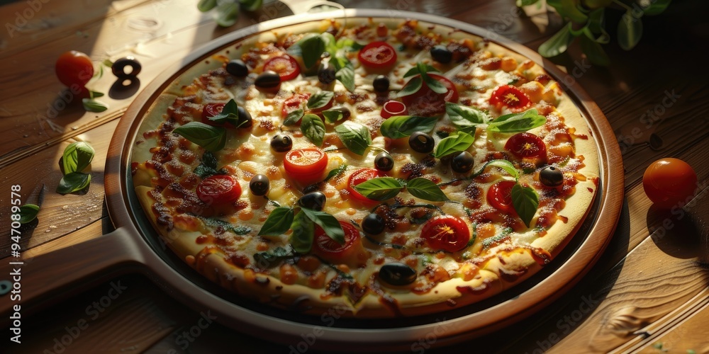 Sticker Top view of pizza with greens tomatoes and olives on a table