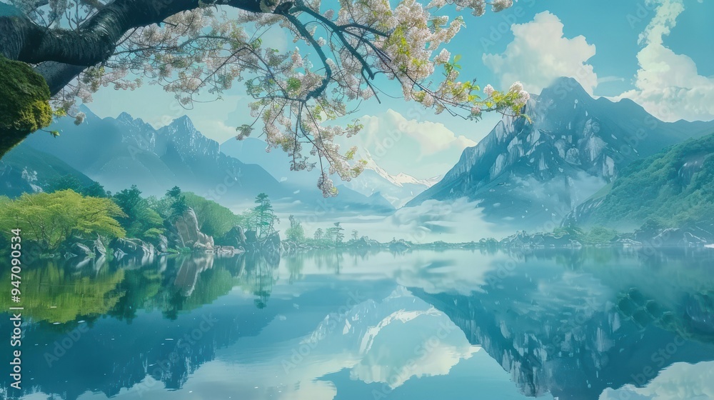 Poster Tranquil Mountain Lake with Blossoming Tree.