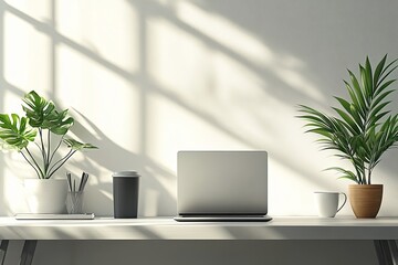 Minimalist Workspace with Laptop and Potted Plants