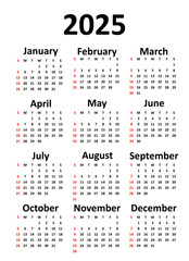 2025 Calendar with holydays or red dates. week starts on sunday. printable, simple, and clean vector design isolated on white background.
