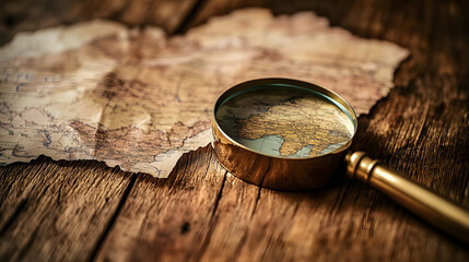 Wooden table with world map and magnifying glass focusing on a specific region, symbolizing detailed global outlook and strategic planning