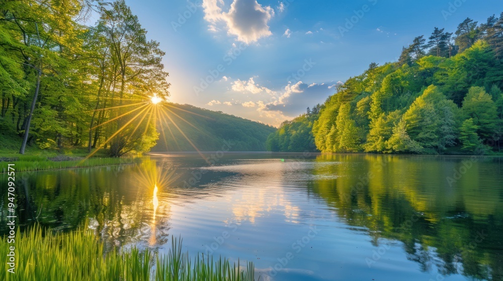 Poster Serene Sunset Reflections on a Tranquil Lake.