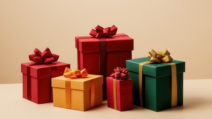 Five beautifully crafted gift boxes in geometric shapes, featuring vibrant ribbons and bows, add a touch of modern elegance to Christmas festivities. Generative AI