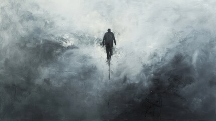 Abstract Painting of a Lone Figure in a Foggy Landscape.