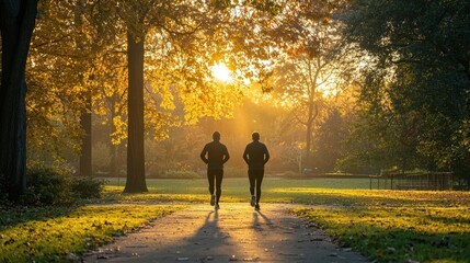Fototapeta premium Energizing Monday: Morning Joggers Embracing Health and Wellness as the Sun Rises in the Park