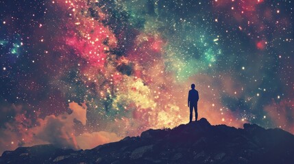 Fototapeta premium Silhouette of a person standing on a mountaintop with a starry night sky.