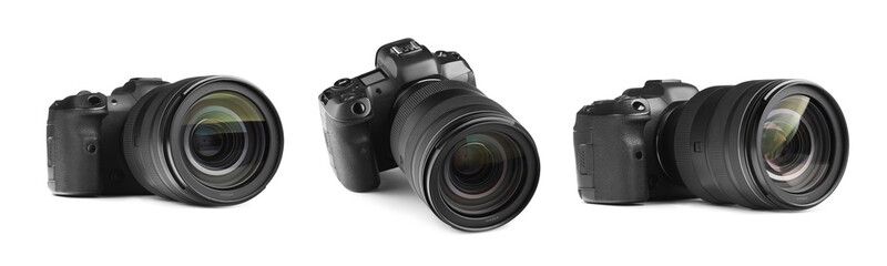 Modern camera on white background, collage. Photographer's equipment