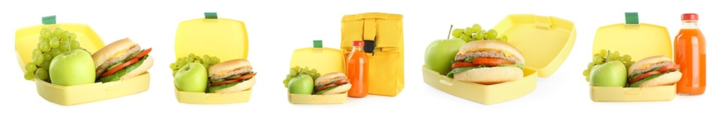 Lunch box with tasty foods isolated on white, collage
