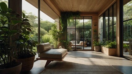 A modern, minimalist living space with large windows, natural light, and potted plants. The room is decorated in a neutral palette, with a focus on natural materials.