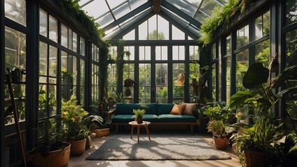 A cozy living space with a couch and a coffee table in a large glass greenhouse filled with plants and sunshine streaming in.
