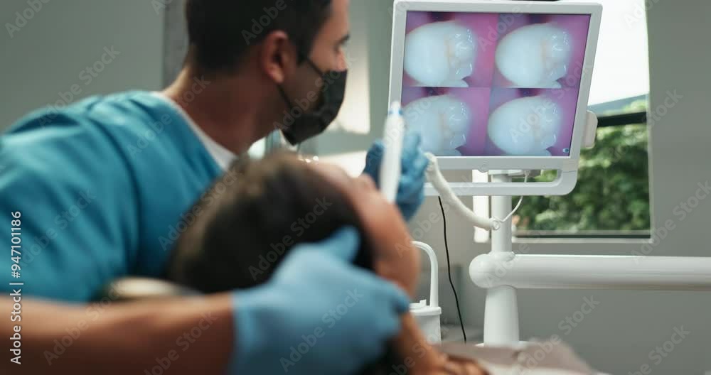 Wall mural Dentist, patient and teeth exam with dental intraoral camera for orthodontics check for gingivitis. Cleaning, assessment and medical inspection for oral hygiene and mouth wellness in consultation