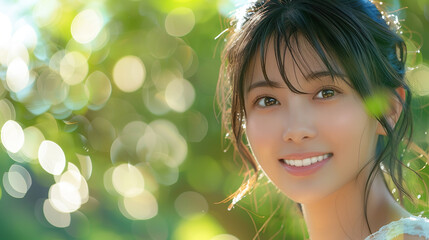 Fototapeta premium 新緑の木漏れ日の玉ボケの背景に爽やかな若いアジア人女性の笑顔