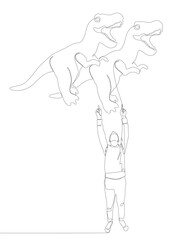 One continuous line of Man pointing with finger at Dinosaur. Thin Line Illustration vector concept. Contour Drawing Creative ideas.