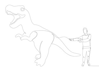 One continuous line of Man pointing with finger at Dinosaur. Thin Line Illustration vector concept. Contour Drawing Creative ideas.