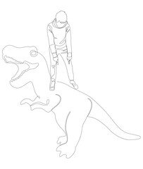 One continuous line of Man pointing with finger at Dinosaur. Thin Line Illustration vector concept. Contour Drawing Creative ideas.