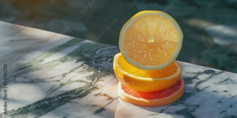 Wall mural High-resolution image of stacked slices of lemon, orange, and grapefruit on a marble surface.