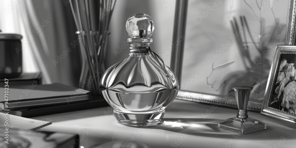 Poster A perfume bottle sits atop a table with a simple design