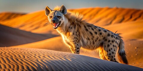 A laughing hyena stands amidst rust-hued dunes, spotty fur aglow in warm sunlight, shadows stretching as it dances with joyful abandon, serenity blending with whimsy.