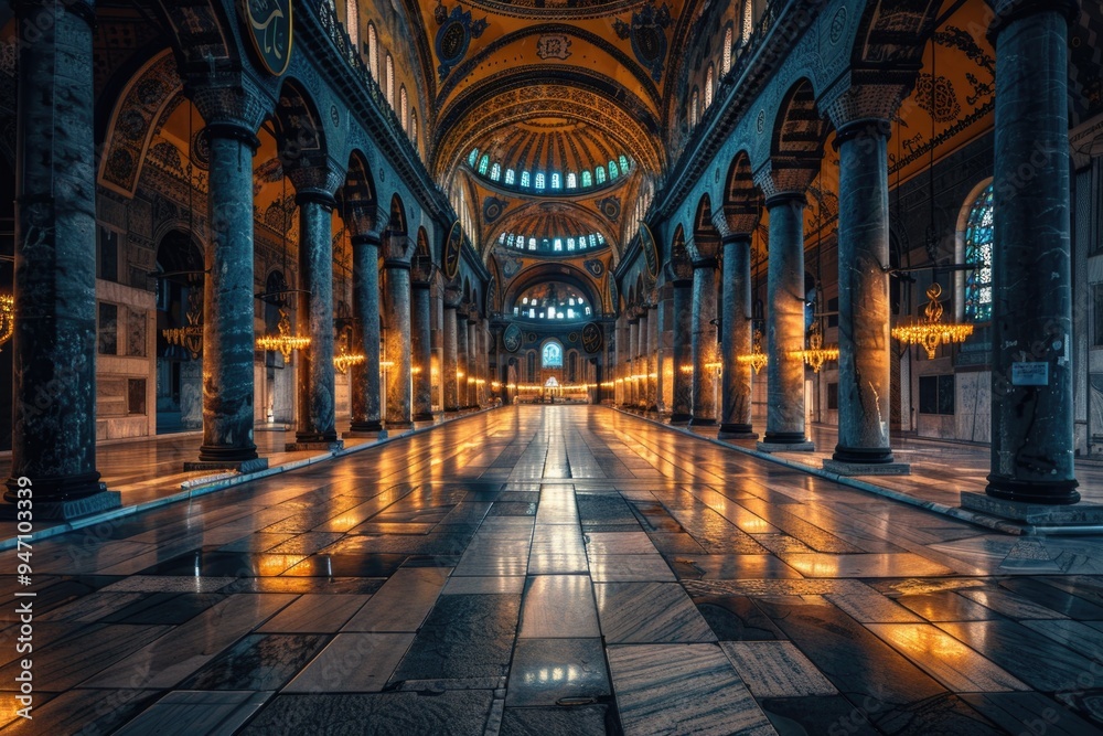 Poster a long room with columns and lighting