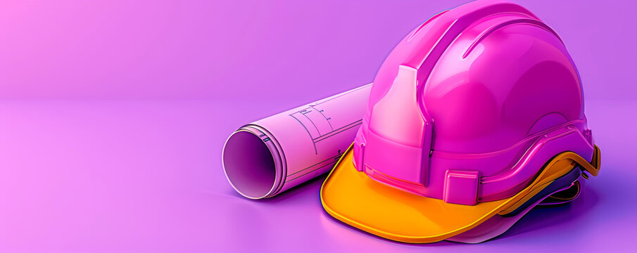 Vibrant pink construction helmet and rolled blueprint on a colorful background, symbolizing creativity in construction.