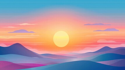 Obraz premium A serene landscape featuring a vibrant sunset over rolling hills, with hues of pink, orange, and blue blending into a tranquil sky.