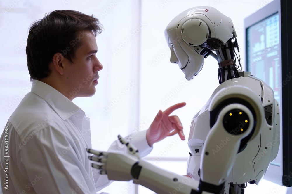 Poster a person examines a robot, possible scenario for sci-fi or tech-related story