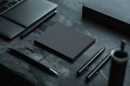 A typical office setup featuring a laptop, pen, and notebook for productivity