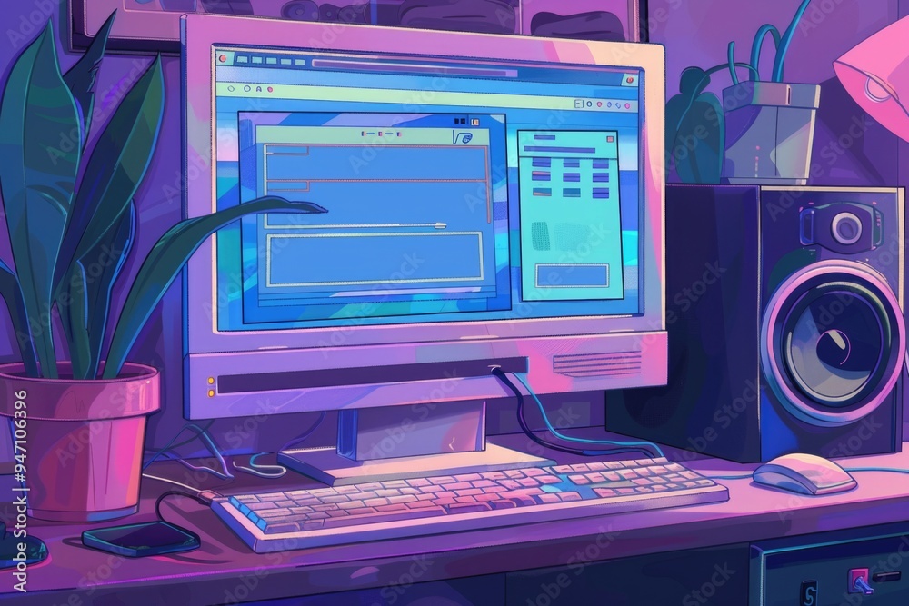 Aufkleber A computer monitor sitting on a desk with a flat surface and minimal decorations