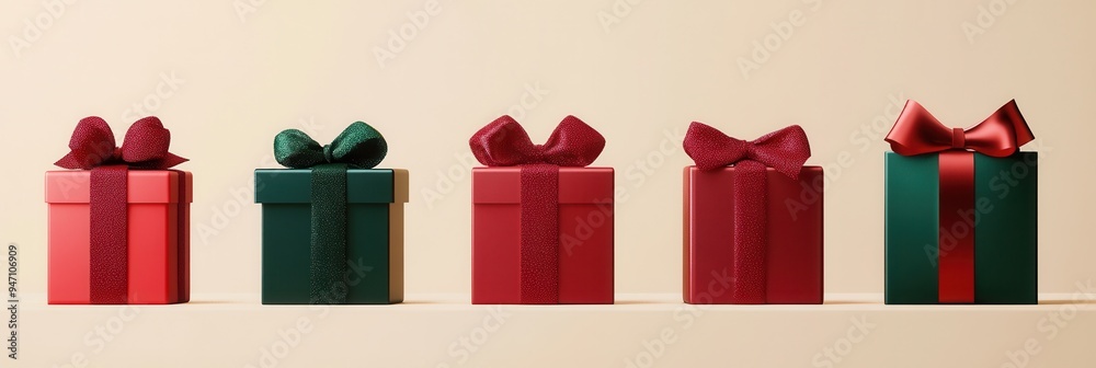 Poster Colorful geometric-shaped gift boxes with bright ribbons and bows are neatly arranged, adding a festive touch to the holiday atmosphere. Generative AI