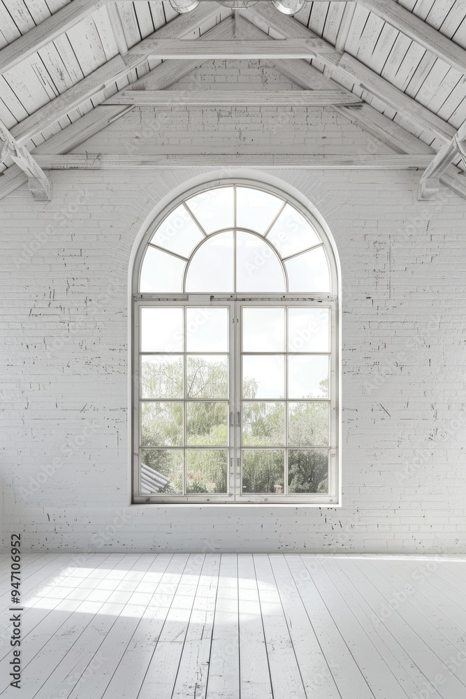 Poster a simple room with a large window and wooden floor, suitable for various uses