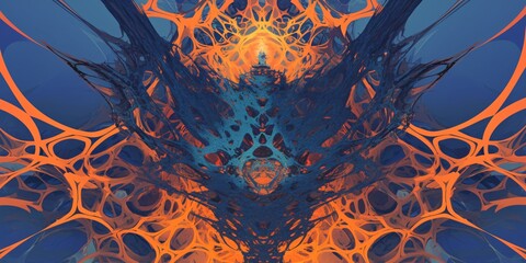 Abstract fractal artwork with intricate orange and blue geometric patterns