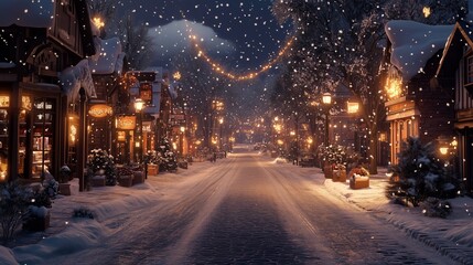 Snowy winter street adorned with festive lights and decorations in a charming town during the evening