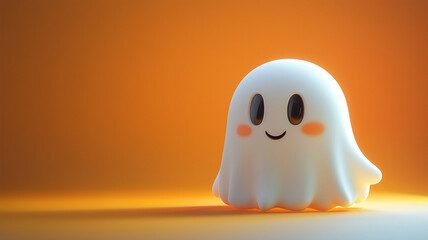 Happy Halloween Ghost. A cute, cartoon-style ghost with rosy cheeks and a big smile floats against an orange background, perfect for Halloween-themed designs and illustrations.