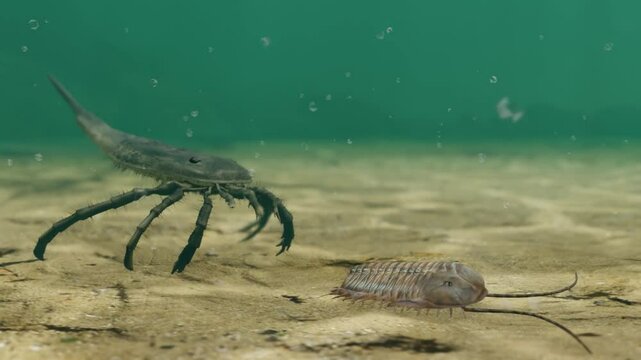 An animation of prehistoric Eurypterid Kokomopterus (Sea Scorpion) hunting down a Trilobite on a Silurian Period sea floor 418 million years ago. Eurypterids are extinct arthropod ancestors of spiders