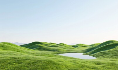 Obraz premium Lush, verdant hills with a serene pond