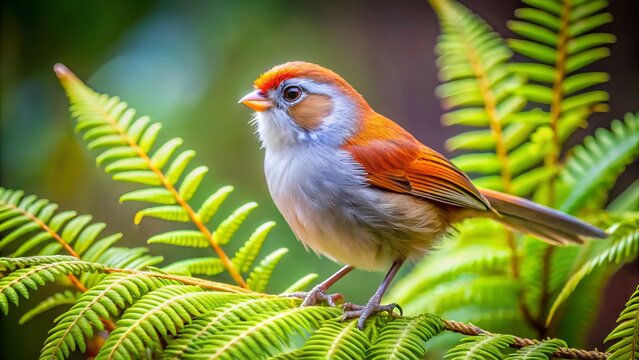 A sleek parrotbill sits on ferns, its plumage radiating in morning light, turquoise highlights on its throat, vibrant orange on its chest, amidst emerald and brown foliage.