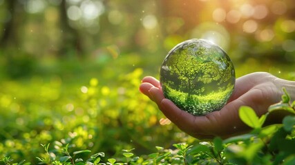 Hand holding a glass globe with green grass blurred background, Environmental day concept
