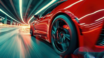 Red Sports Car in Motion Through a Tunnel