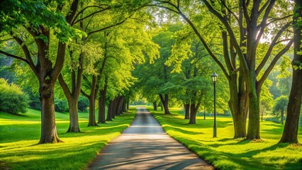 Fototapeta premium Footpath surrounded by lush green trees in a peaceful park setting, nature, outdoors, scenery, walking path, relaxing