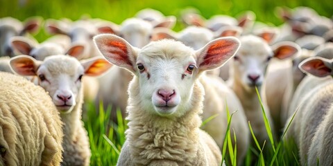 Obraz premium Close-up of a fluffy white lamb surrounded by a flock of sheep in a lush green field, sheep, lambs, farm, cute, wool