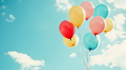 Naklejka premium Whimsical and conceptual image of vibrant colorful balloons floating effortlessly in the vast tranquil sky evoking a sense of happiness freedom and wonder