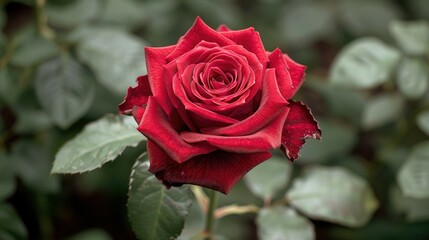 A Single Red Rose in Full Bloom Against a Green Background