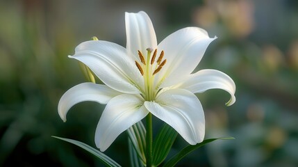 Fototapeta premium A Single White Lily with Yellow and Orange Stamens