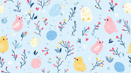 Easter themed seamless pattern with chicks, eggs, birds and flowers